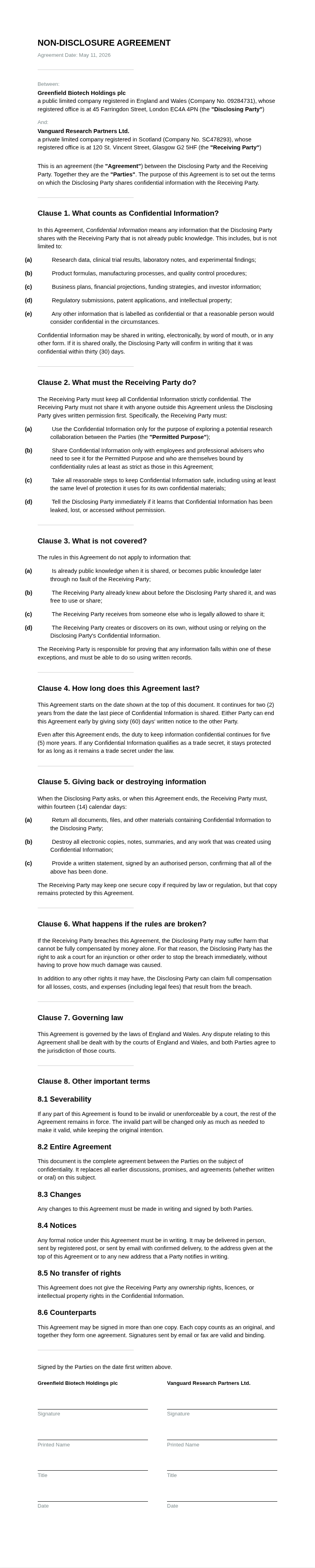Plain formal Non Disclosure Agreement